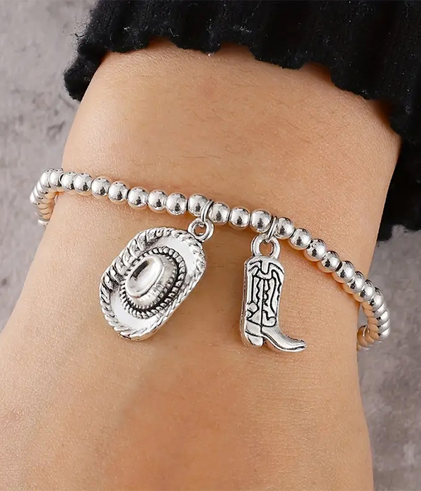 Western theme cowboy hat and boot charm stretch bracelet