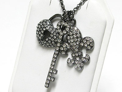 Crystal key lock fleur de lis pendant long necklace