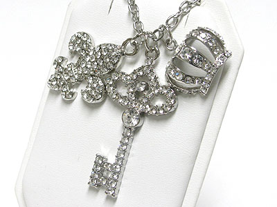 Crystal key crown fleur de lis pendant long necklace