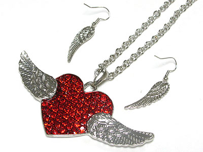 Crystal heart wing pendant long necklace and earring set