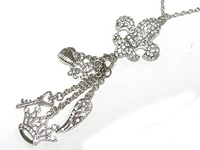 Crystal fleur de lis long drop pendant long necklace