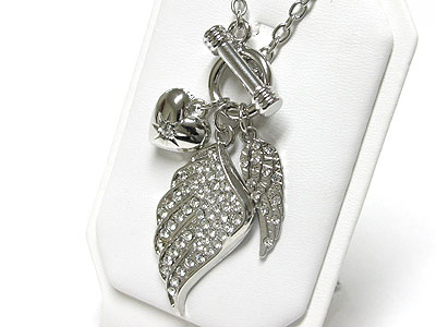 Crystal wing and heart drop pendant long necklace