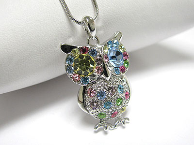 Made in korea whitegold plating crystal big eye owl pendant necklace