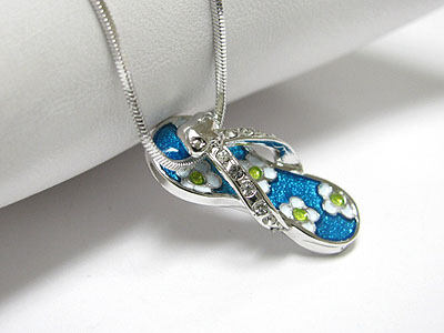 Made in korea whitegold plating crystal and epoxy flipflop pendant necklace