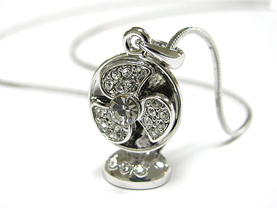 Whitegold palting crystal miniature spinning fan pendant necklace