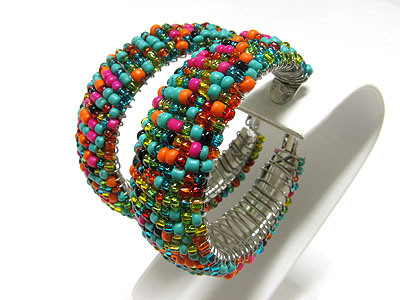 Multi color seed beads hollow hoop earring  - hoops