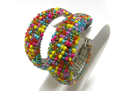 Multi color seed beads hollow hoop earring  - hoops