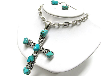 Turquoise and crystal large cross pendant necklace and earring set