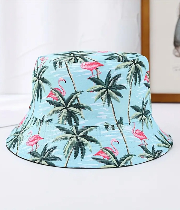 Flamingo and palm tree print reversible bucket hat