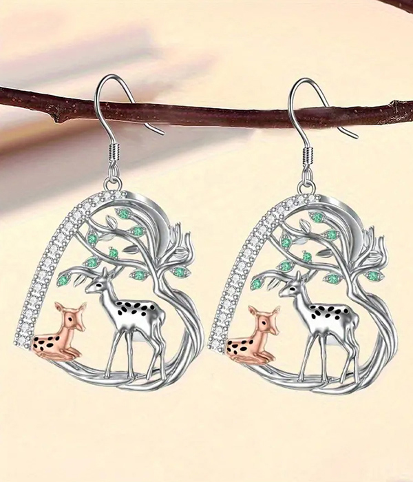 Deer and tree heart dangle earring