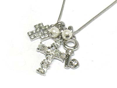 Crystal deco cross and key pendant necklace