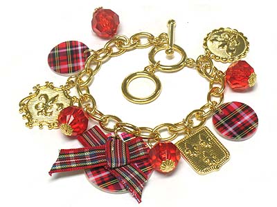 Flannel pattern acryl disk and metal charms toggle bracelet with ribbon