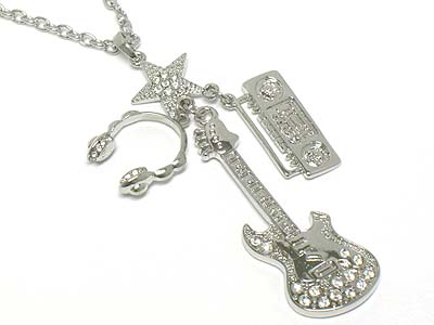 Crystal stone guitar and music theme charm long necklace