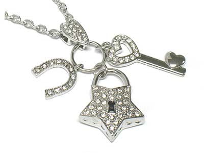 Crystal stone star and key and horse shoe charm long necklace