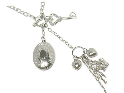 Metal oval locket charm long necklace