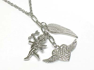 Crystal stone heart wings and angel charm long necklace