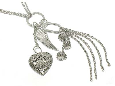 Metal filigree heart locket charm long necklace