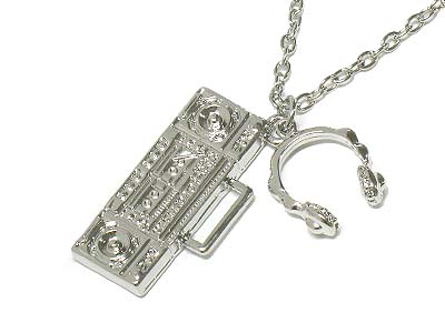 Crystal deco headphone and boom box music theme pendant long necklace