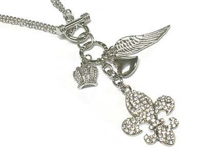 Crystal stone fleur de lis charm long necklace