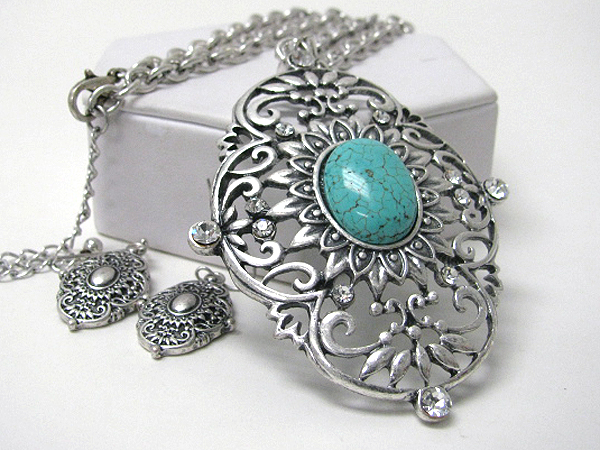 Turquoise center and crystal deco metal filigree large pendant necklace earring set