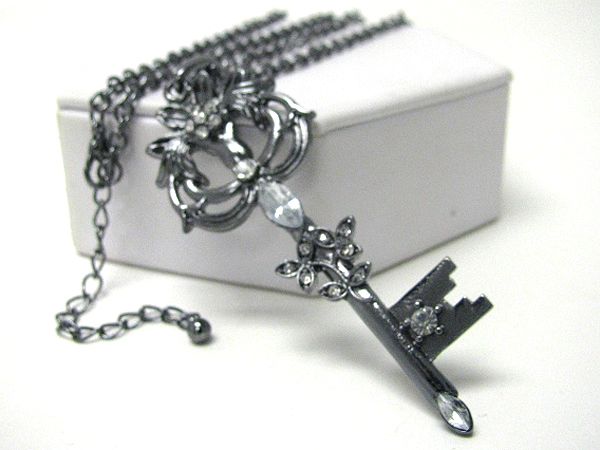 Crystal stud large key pendant long necklace