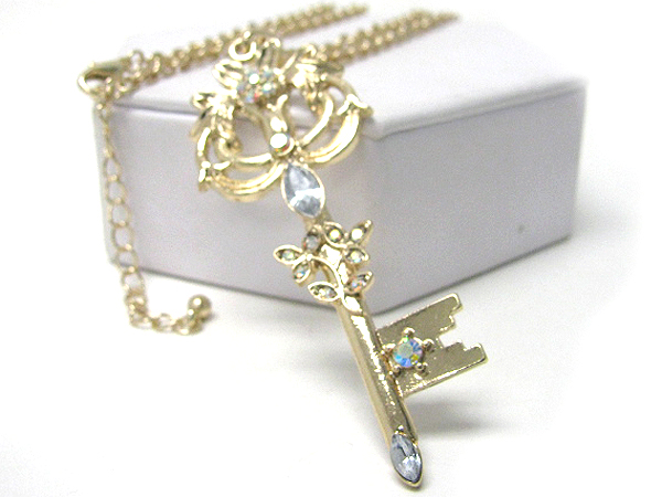 Crystal stud large key pendant long necklace