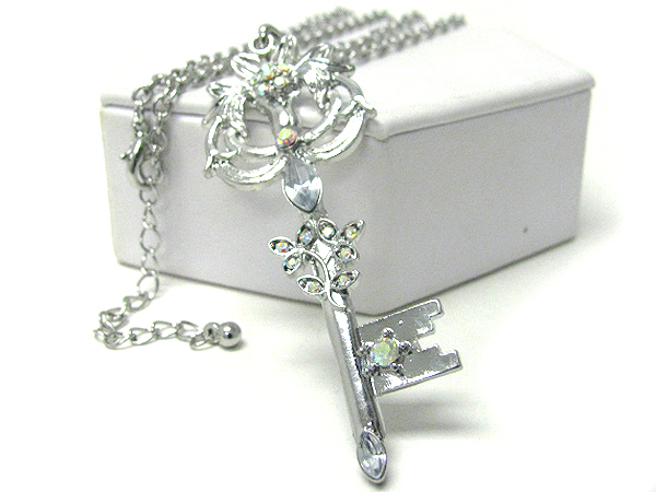 Crystal stud large key pendant long necklace