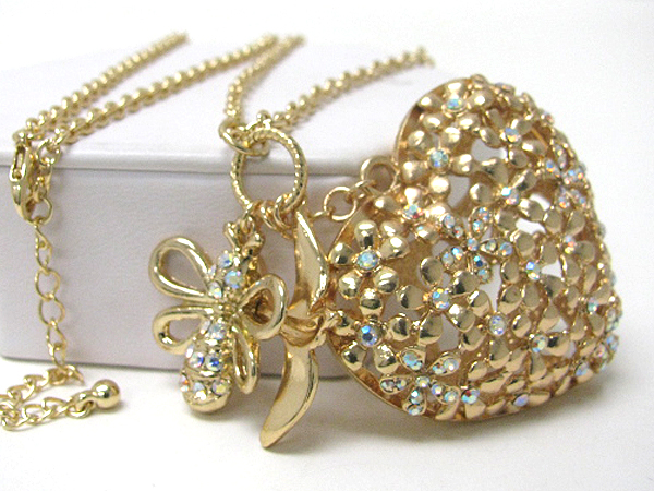 Crystal stud large puff heart and bee long necklace