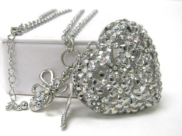 Crystal stud large puff heart and bee long necklace