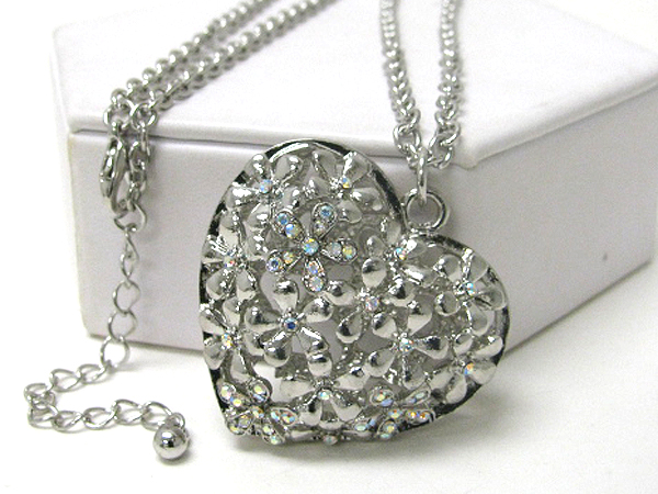 Crystal deco puff heart long necklace