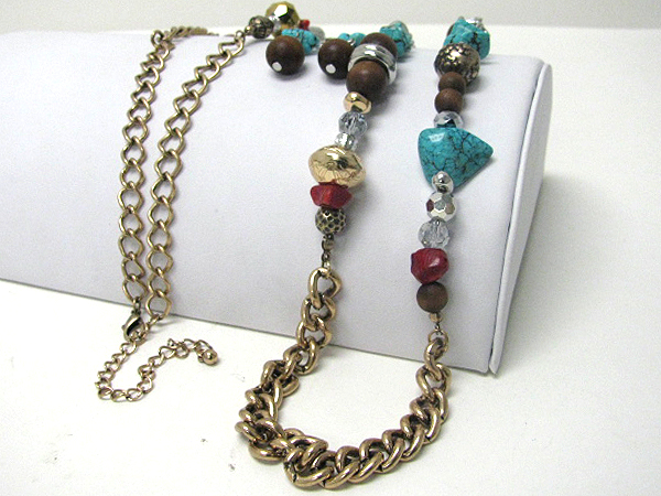 Multi natural beads and chain link long necklace earring set