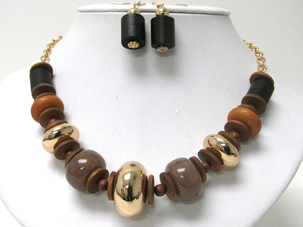 Natural wood and stone link necklace earring set