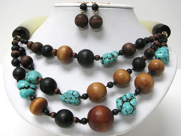 Natural wood and stone link triple layer necklace earring set