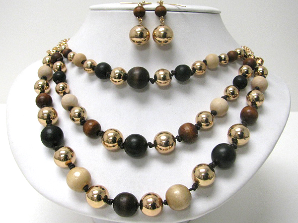 Natural wood and metal ball link triple layer necklace earring set