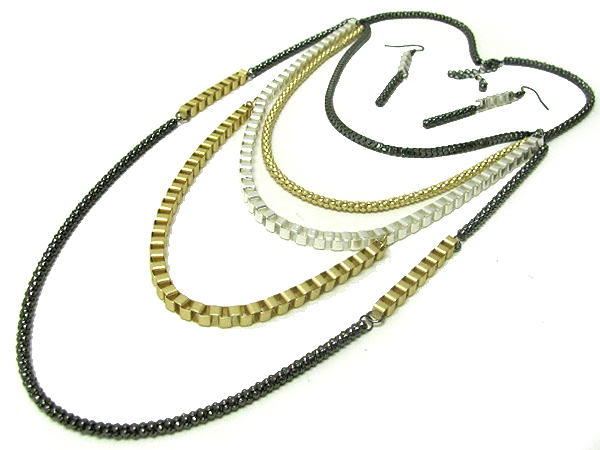 Multi colored chain link long necklace earring set