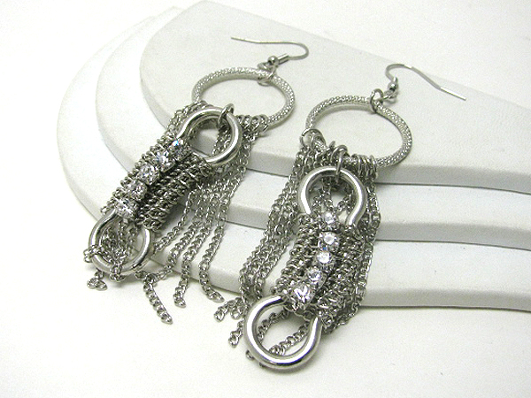 Crystal deco metal hoop and multi chain shoulder drop earrings - hoops