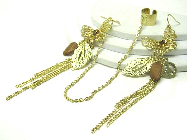 5 inch drop long earrings - butterfly and multi chain deco