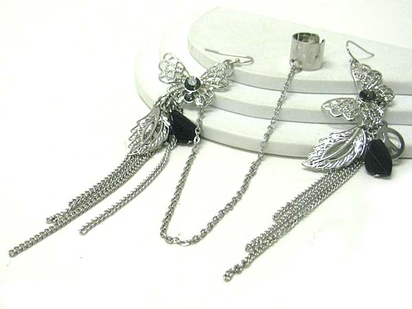 5 inch drop long earrings - butterfly and multi chain deco