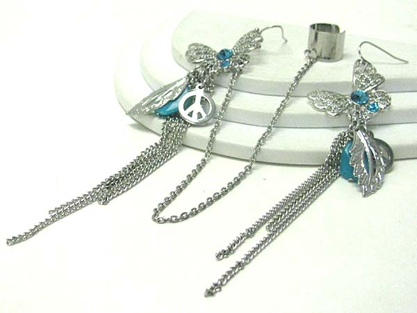 5 inch drop long earrings - butterfly and multi chain deco