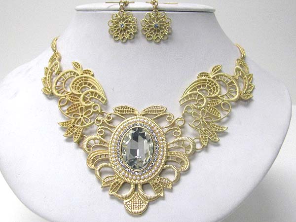 Large stone accent artistic metal filigree necklace earring set