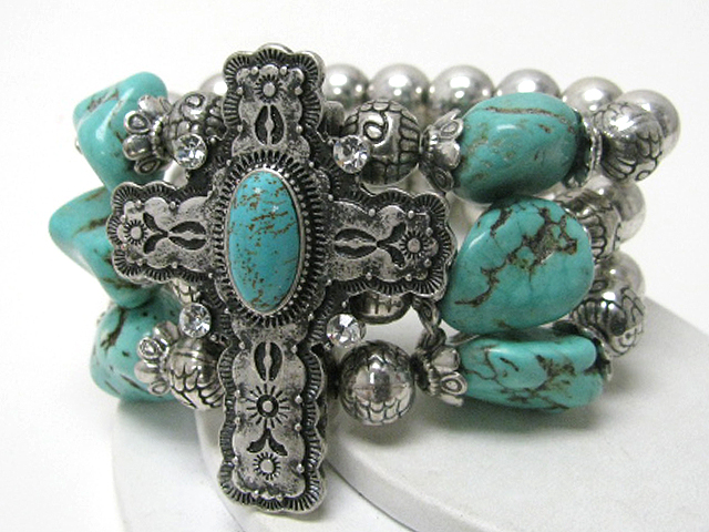 Turquoise stone and antique cross metal ball stretch bracelet