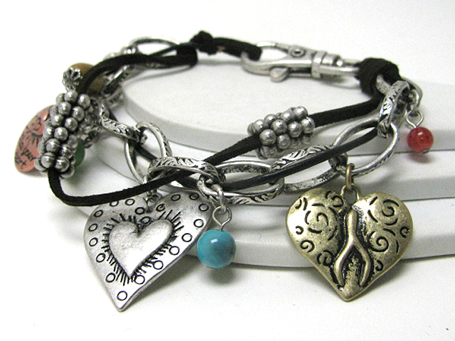 Retro vintage metal charm dangle chain and suede mix bracelet