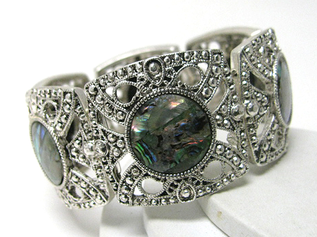 Abalone round disk marcasite style metal stretch bracelet