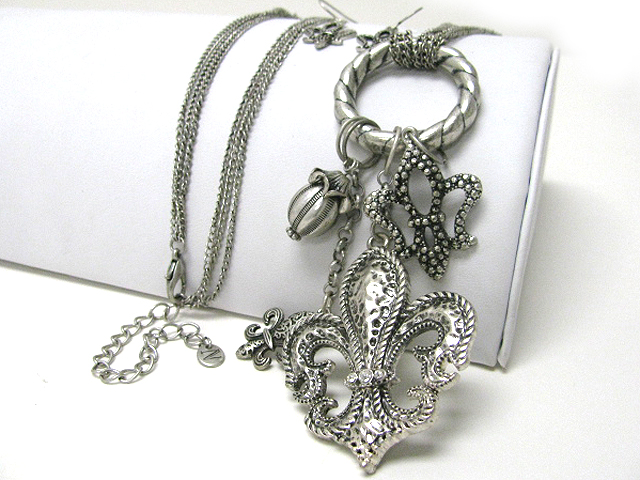 Multi fleur de lis charm dangle long multi chain necklace earring set