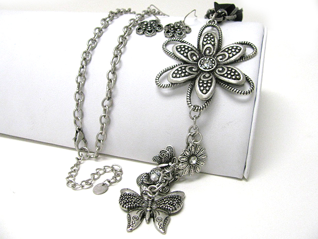 Flower and buttertfly charm dangle long multi chain necklace earring set