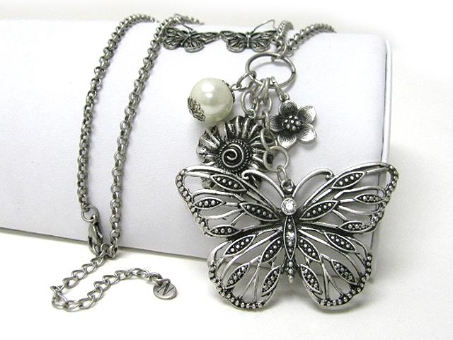 Flower and buttertfly charm dangle long multi chain necklace earring set