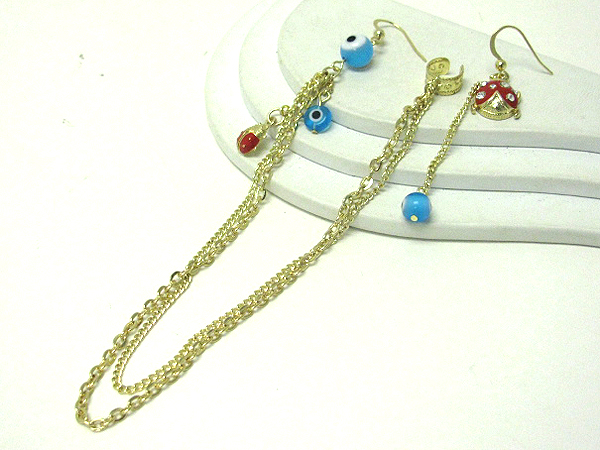 6 inch drop long earrings - lady bug and evil eye deco