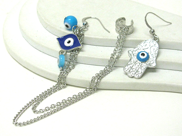 4 inch drop long earrings - evil eye and hamsa deco