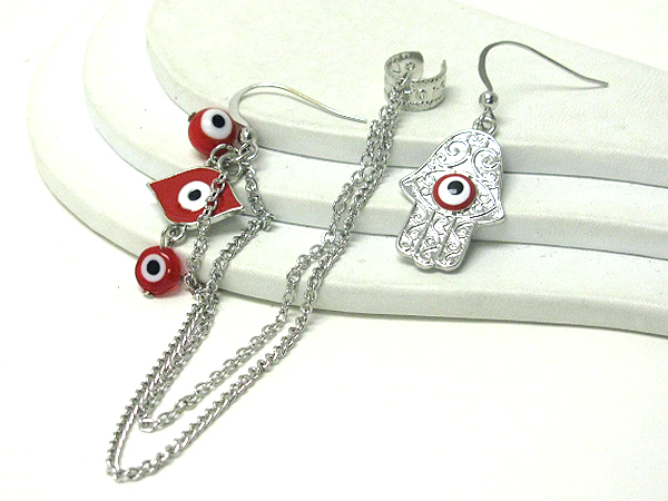 4 inch drop long earrings - evil eye and hamsa deco