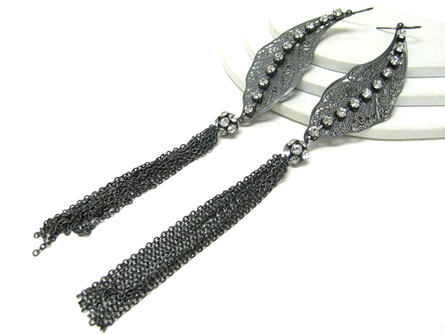 5 inch long crystal stud metal filigree leaf and tassel drop earring